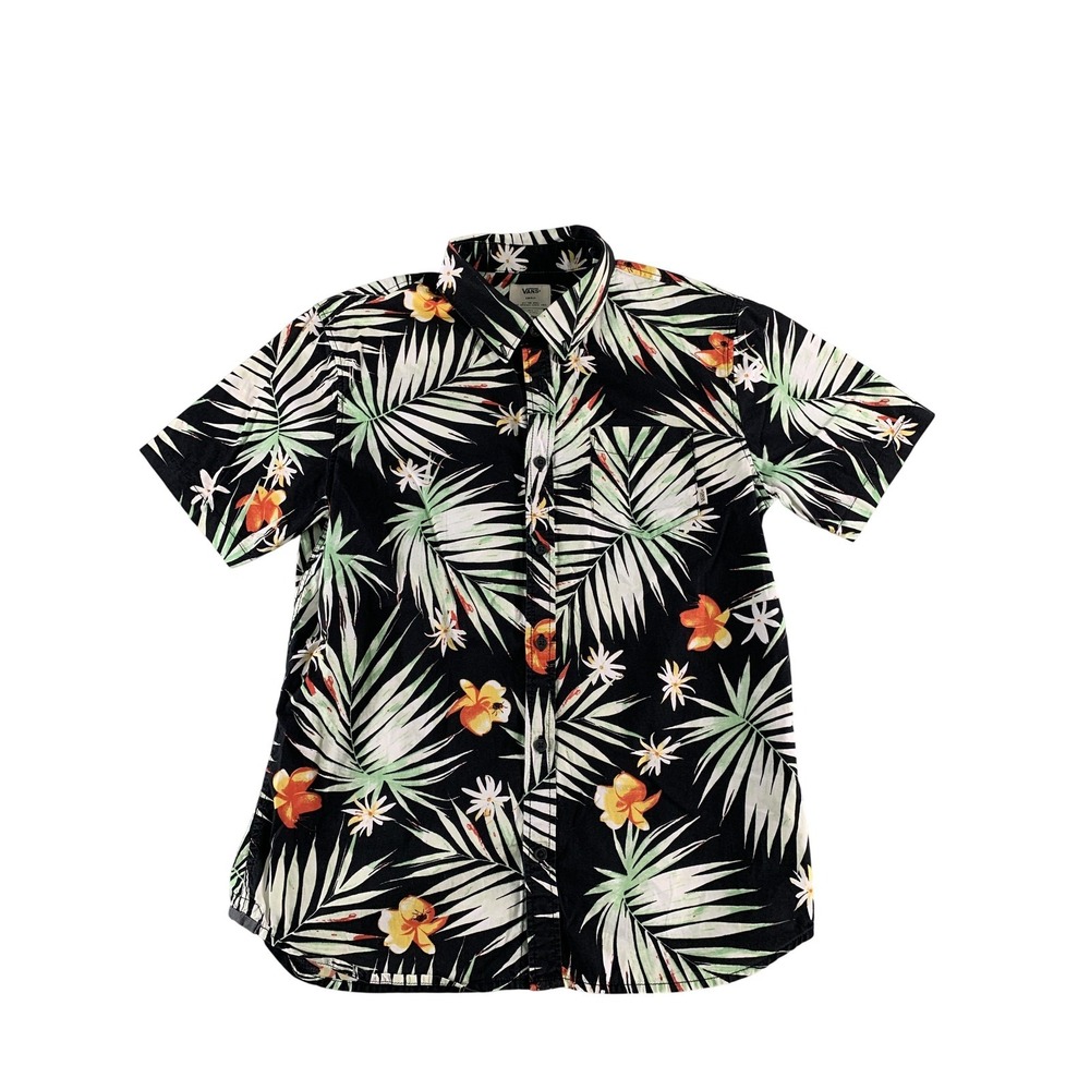 Vans Shirt Mens Small Black Floral Button Up Tailored Fit Hawaiian Tropical